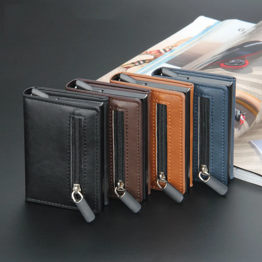 

Anti Rfid Id Card Holder Case Men Leather Metal Wallet Coin Purse Mini Carbon Credit Card Holder with Zipper