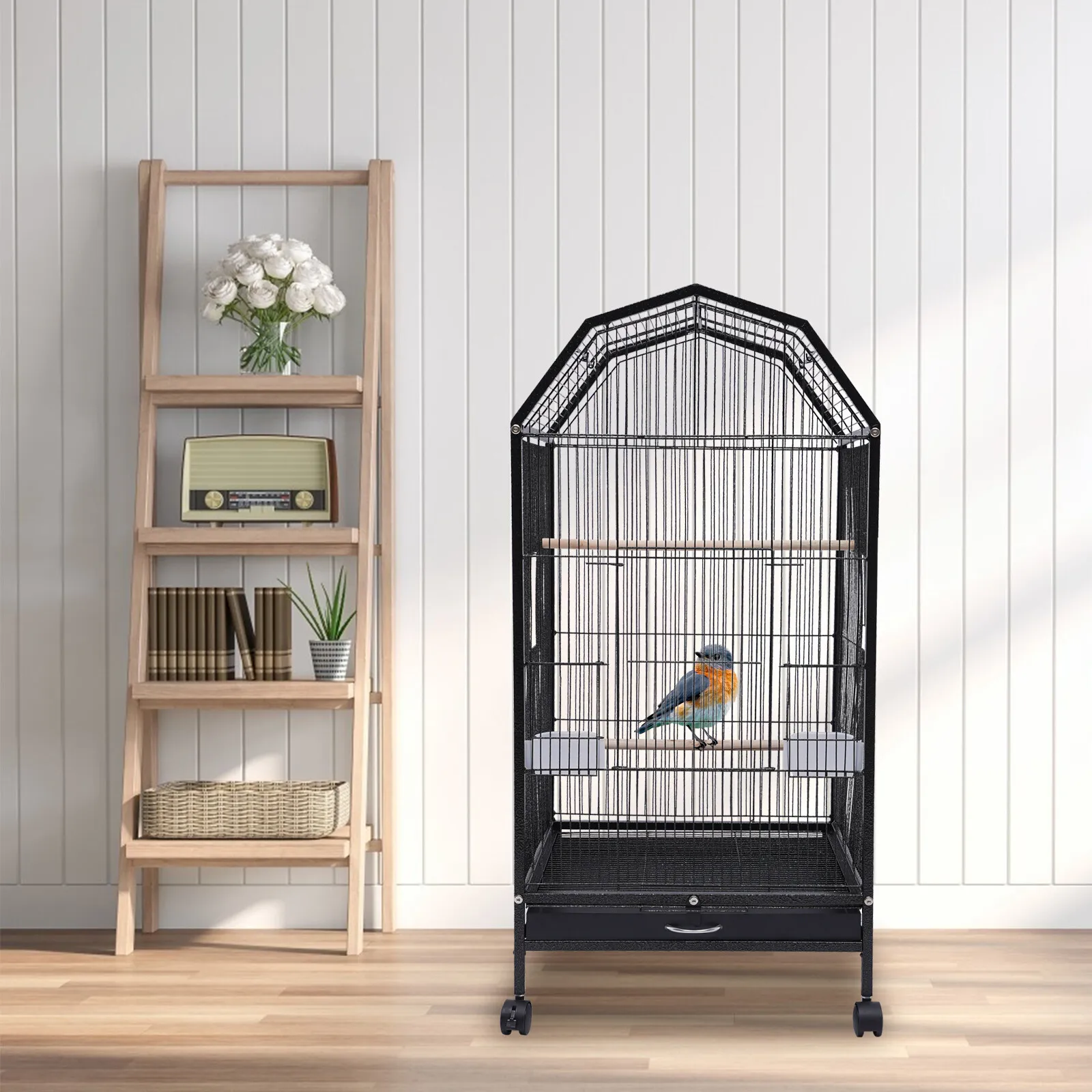 

40-Inch Wrought Iron Bird Cage with Open-Top and Rolling Stand, Movable Parrot Cage Pet Bird Flight Cage, 360 Degree View