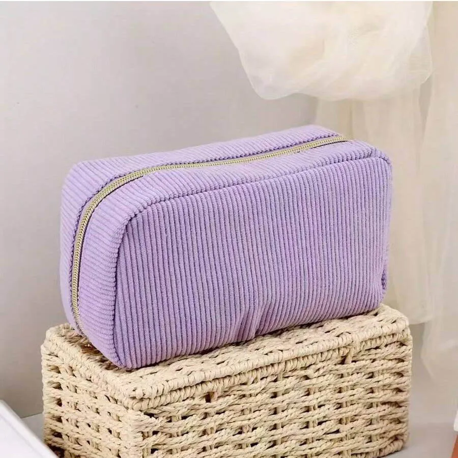 Personalised Corduroy Makeup Bag Custom Name Travel Toiletry Pouch_voghion.com