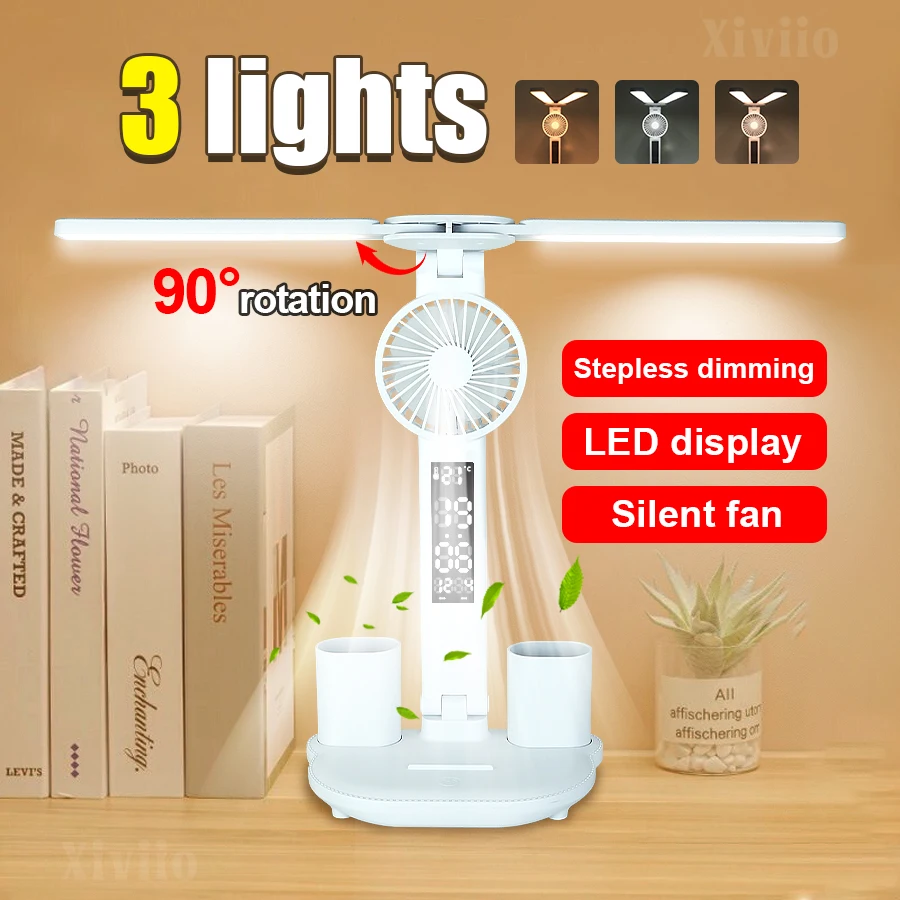 

New Rechargeable Table Lamp for Study Desk Lamp Reading Light Led Dual Head Table Light with Fan Led Clock Dispaly Reading Lamp