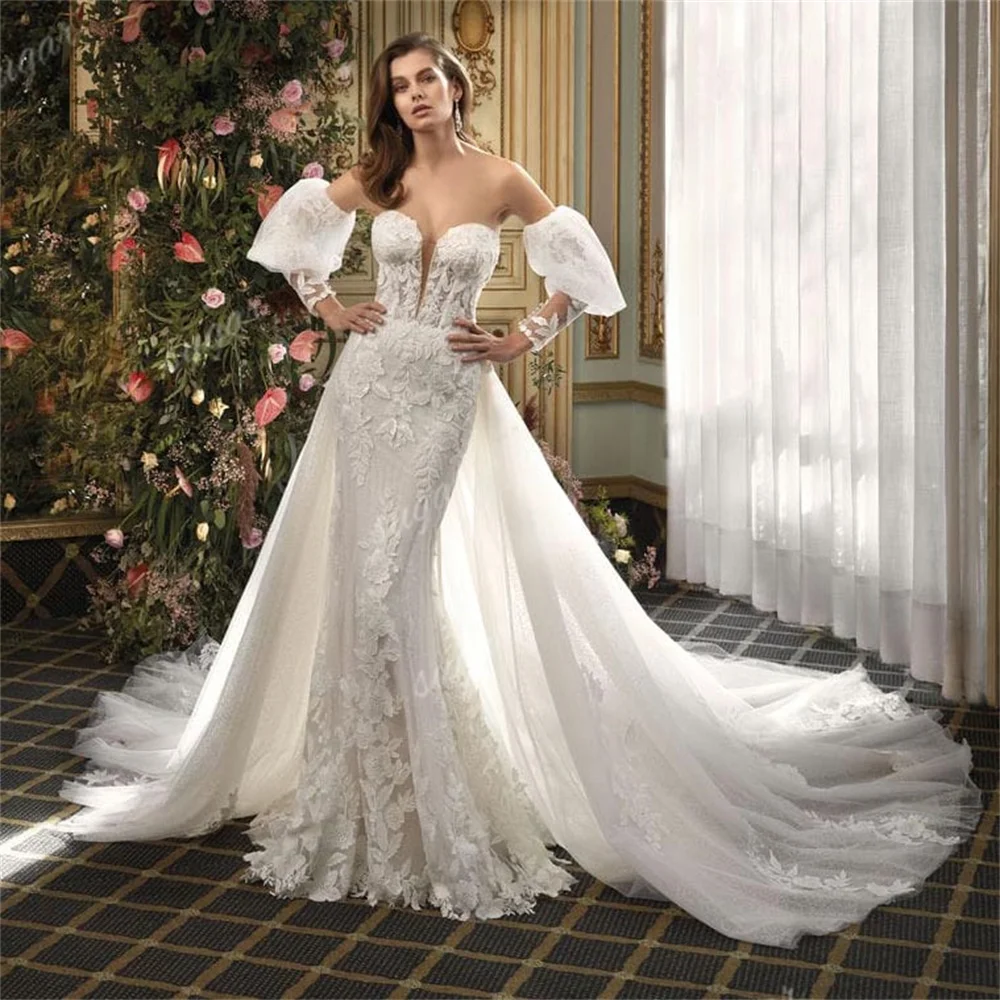 Abiti da sposa Sexy con spalle scoperte abiti da sposa a sirena treno staccabile abito da sposa affascinanti Appliques di pizzo Vestidos De Noiva