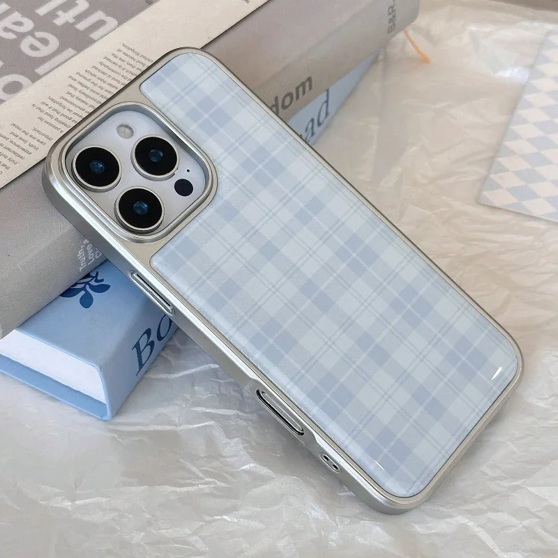 Retro blauer Himmel Plaid Silber Rand Handyhülle TPU Anti-Drop Handyhülle für iPhone XR/11/12/13/14/15/16/17 Pro Max Handyhülle