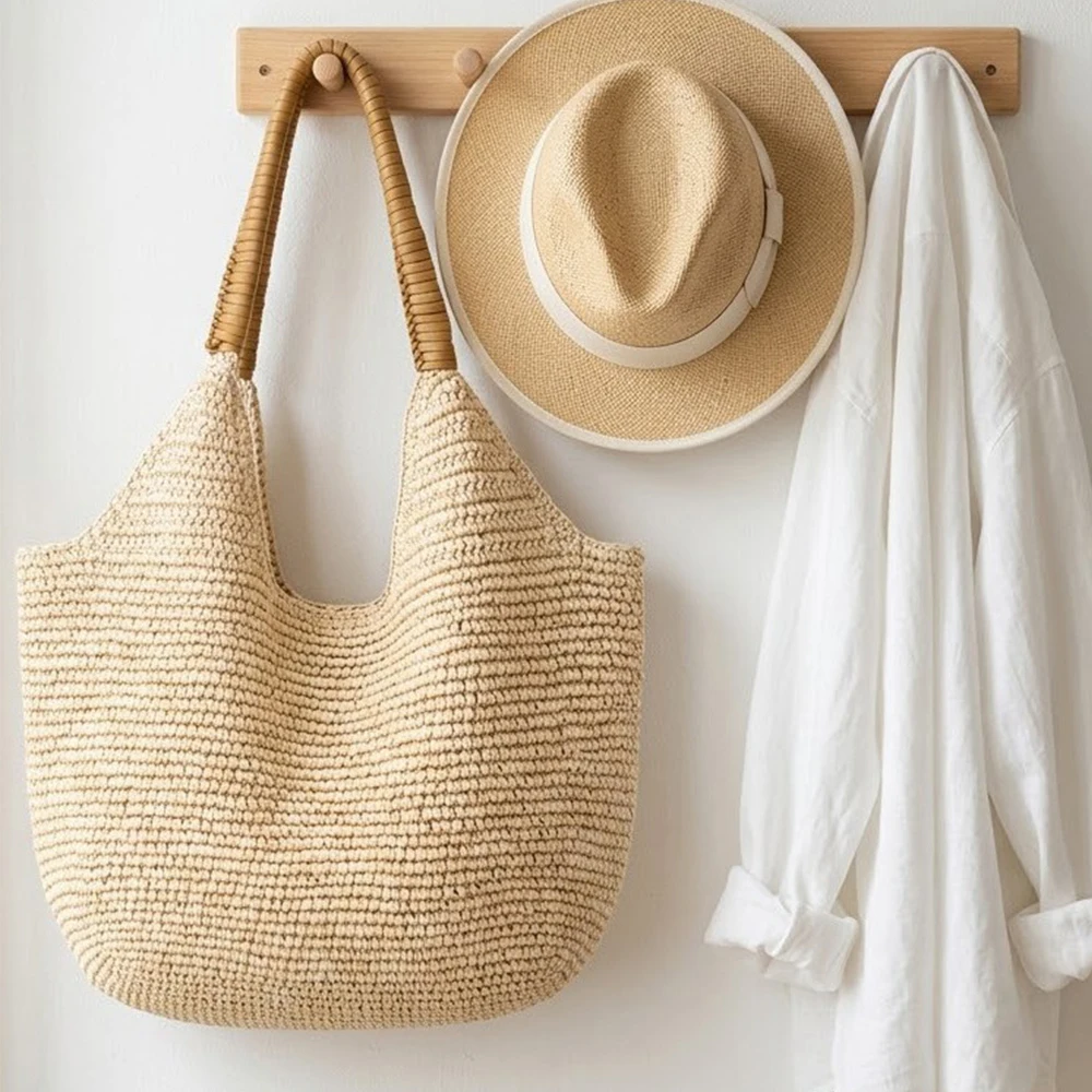 

Large Capacity Travel Straw Bag Handmade Woven Shoulder Bag Soft Hobo Tote Bohemian Crochet Beach Bags for Women Handbag Shopper
