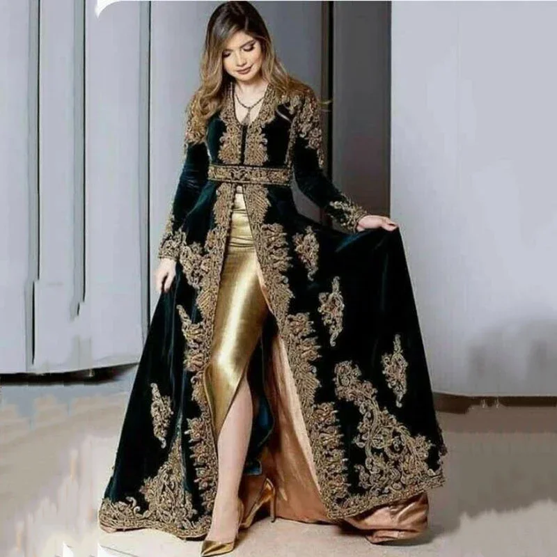 Flavinke Elegant Algerian Muslim Mermaid Evening Dresses Split Golden Lace Applique Prom Formal Gowns Algerian Velvet Outfit