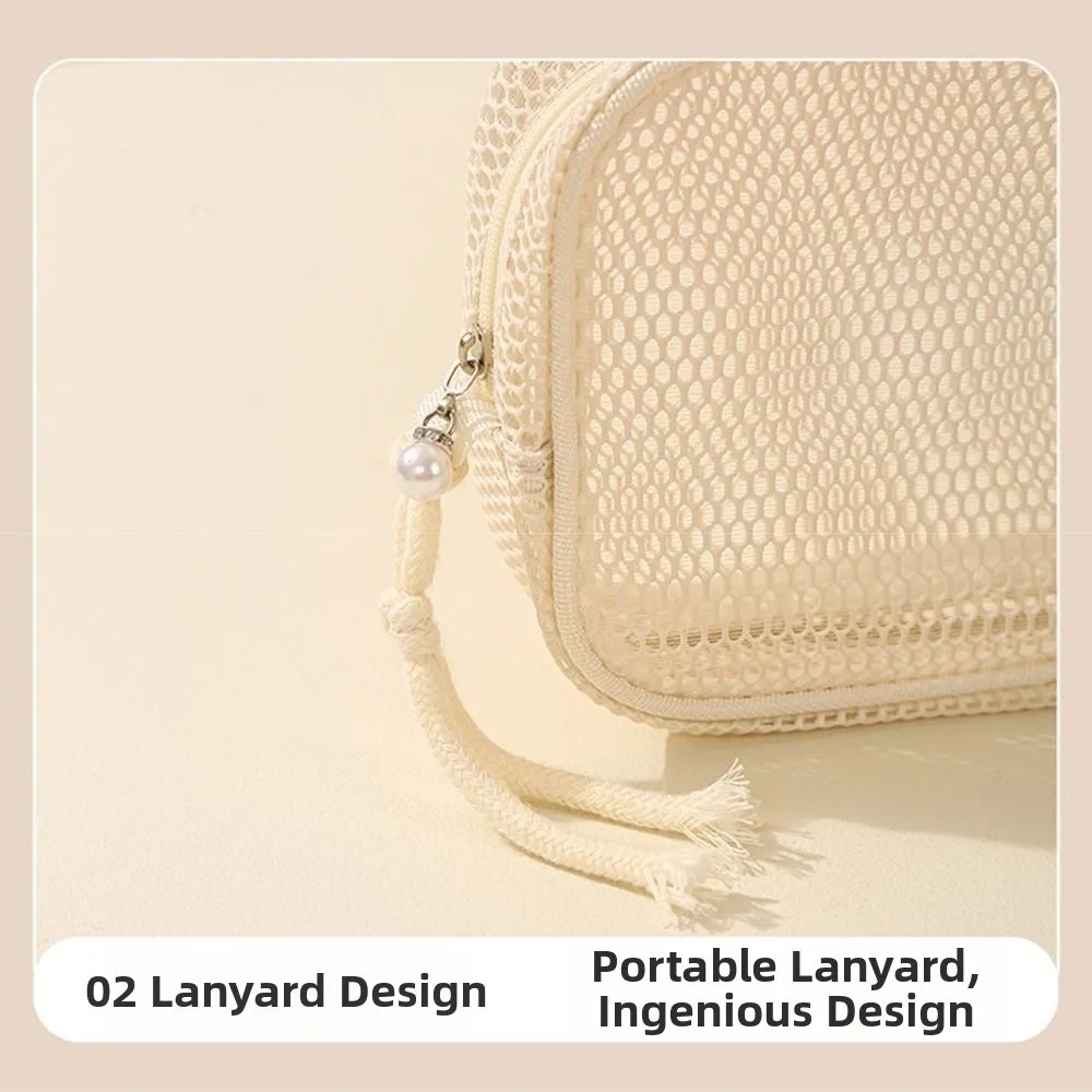 Large Capacity Mesh Cosmetic Bag Transparent Hand-Held Portable Toiletry Pouch Smooth Zipper Breathable Mesh Coin Purse