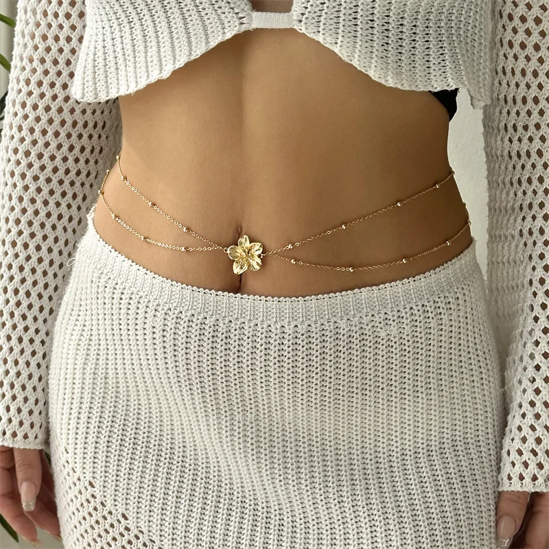 Simple Double Layers Belly Chains for Women Y2K Gold Color Metal Flower Bikini Waist Body Chain Beach Vacation Versatile Jewelry view 3
