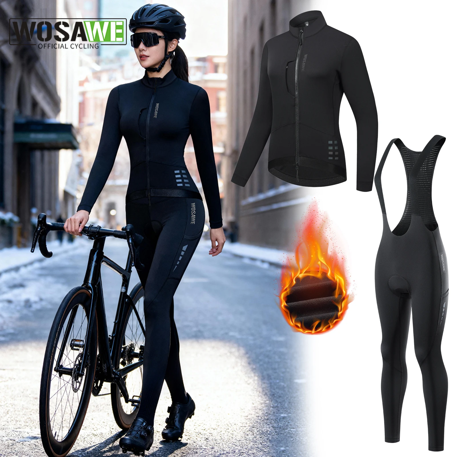 

WOSAWE Women's Winter Cycling Sets Warm Fleece Lined Long-sleeved Jersey Suit Padded Bib Tights Riding Suit for Cold Weather