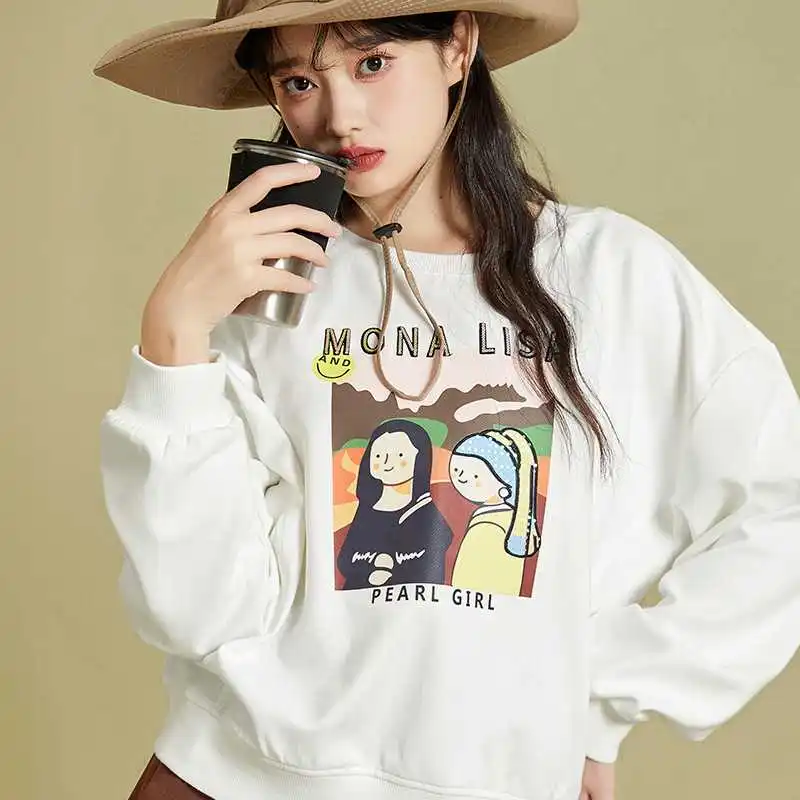 

New Autumn Women Korean Temperament Commuter Casual Sweatshirt European and America Retro High Street Cartoon Letter Sweatshirt