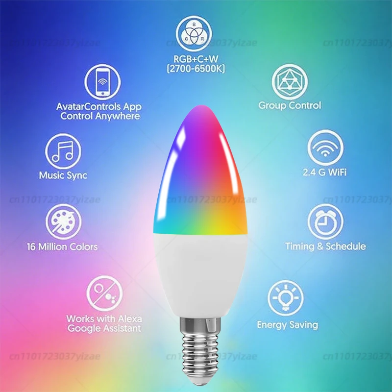 Tuya RGBCW 5W Light Wifi Bulb Dimmable E14 Candle Lamp AC85-265V RGB+ Tuya Smart Life Support Alexa Google Home Alice On/Off