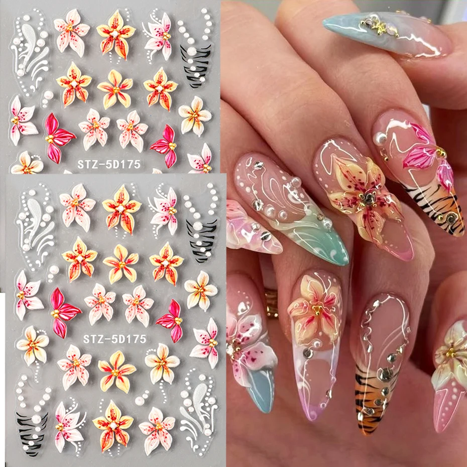 1/2pcs 5D Embossed Flowers Nail Art Stickers Lily Hibiscus with French Leopard Print Design of Spring & Summer Nail Decoration
