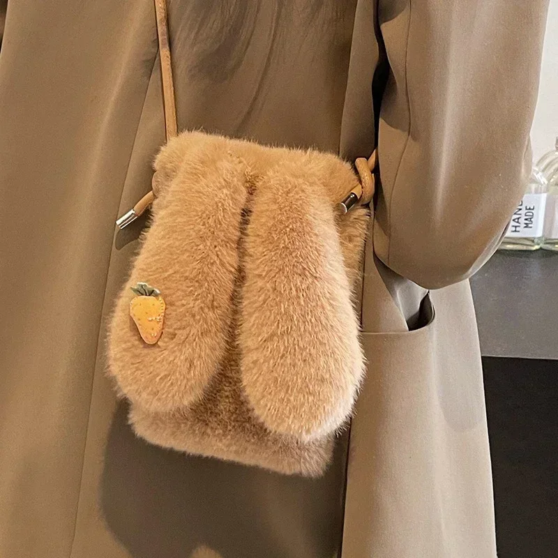 

Cute Plush Rabbit Phone Bag Women Fashionable Versatile Rabbit Ear Shoulder Messenger Bag for Girls Ins Purses Mobile Phone Bag