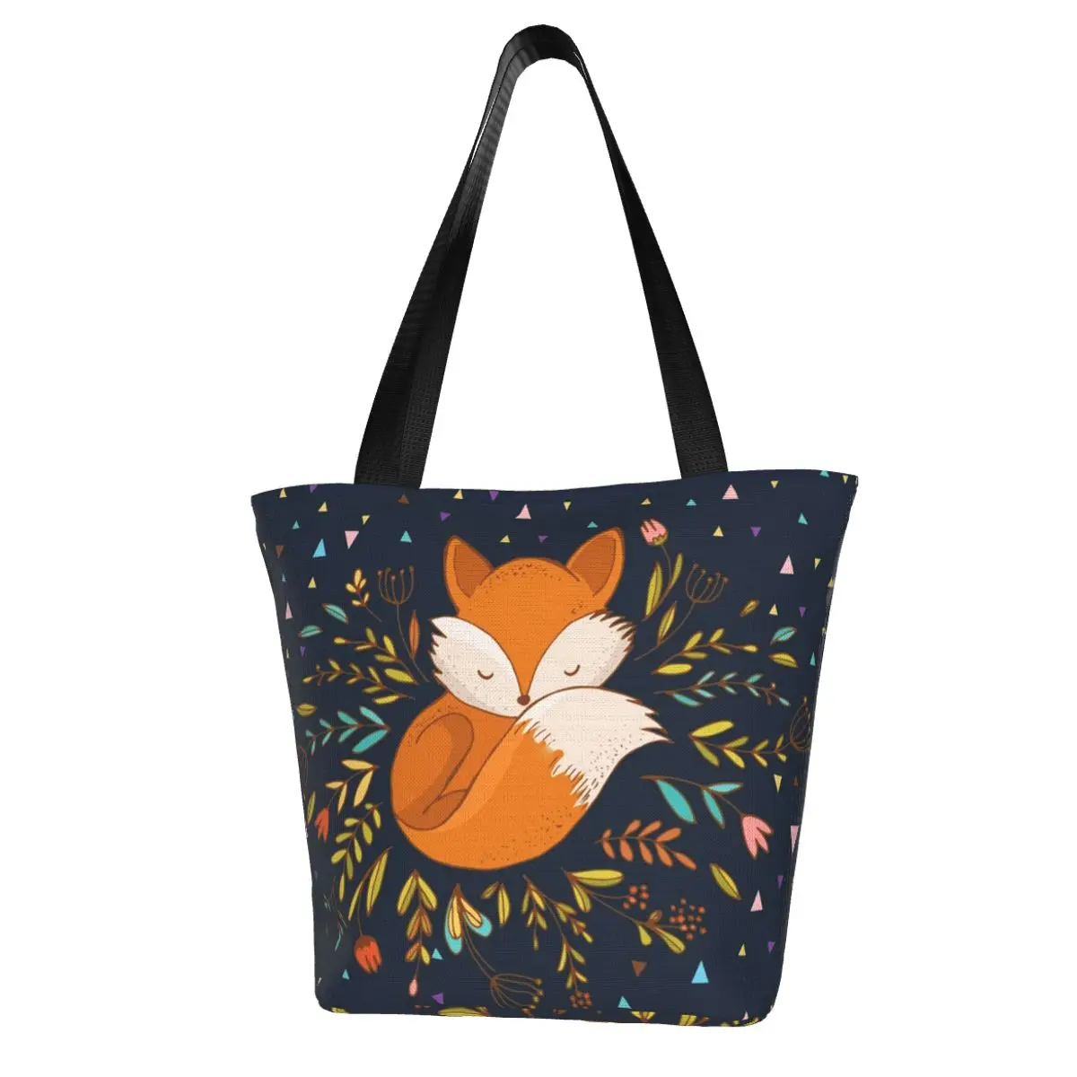 Cute Fox Flowers And Triangles Shopping Bag Animal Lover Gift Gift Aesthetic Handbag Cloth School Woman Bags