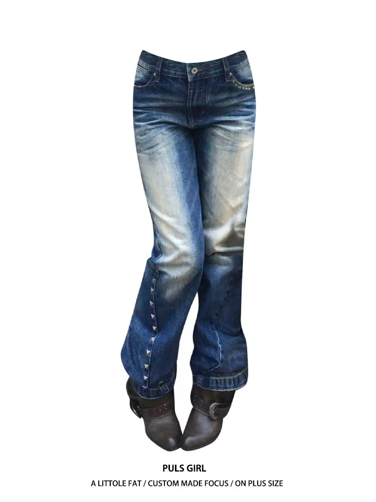 

Retro American Large Size Women's Jeans High Waist Slimming Long Pants Washed out Faded Rivet Micro Flared Casual Trousers