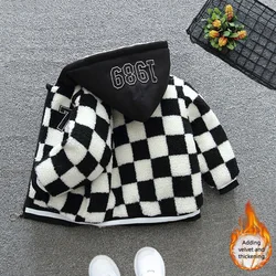 2024 Winter Boys' Casual Checkered Hoodie with Zipper Pocket Printed Coat, Children's Coat Thickened 1-5 Years Old