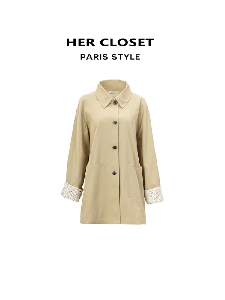 

Ele Lace Sve Splicing Design Mid-Length Vintage Briti Sle Women's Coat Autumn 2025 High-End Commute Polyester Cott...