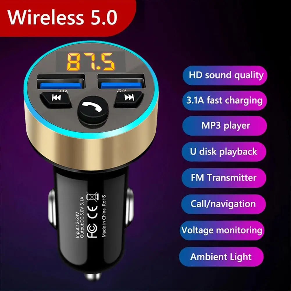 Car Bluetooth FM Transmitter Stereo MP3 Player With And FM Dual Charging USB Fast 5.0 Kit Modulator Handsfree Charger X0S7