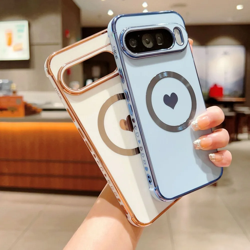 Luxury Plating Love Heart Pattern Soft Phone Case for Google Pixel 8 9 10 Pro XL 10A 9A 8A Magnetic Charging Shockproof Cover