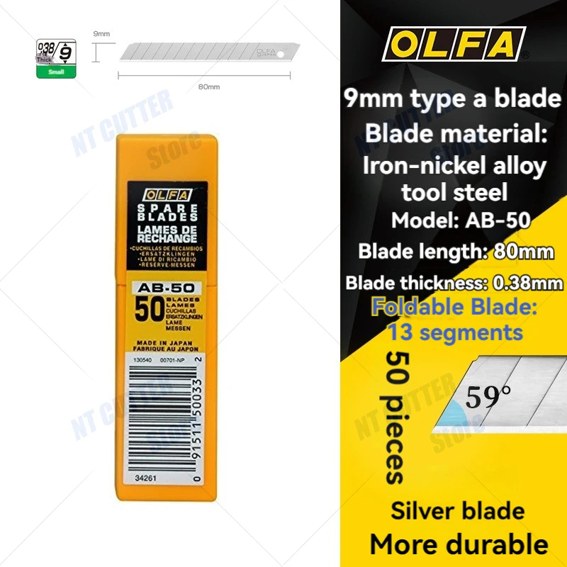 Pack of 50 pieces, original Japanese OLFA AB-50 small utility blade, sharp and durable, paper cutting blade, mini 9mm replacement blade, used for: