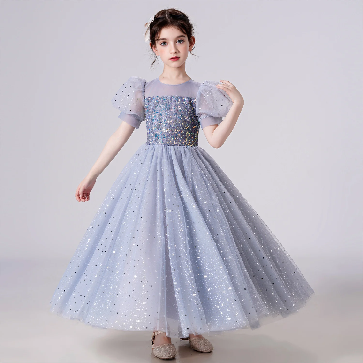 Elegant Party Dress For Girls Puff Sleeve Princess Dress For Wedding Kids Sequin Lace Birthday Communion Formal Evening Gown