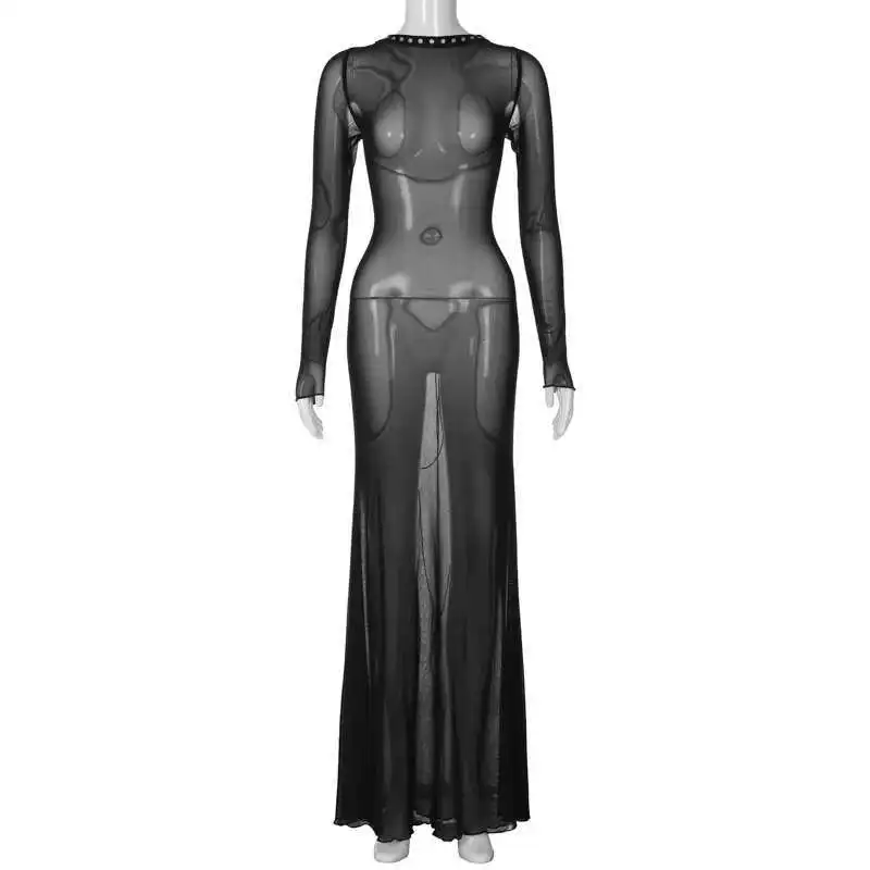 

New Summer Fashionable Women's Clothing Sexy Mesh Backless Strap Long Sleeved Extra Long Dress for Women Robe Vestido Women