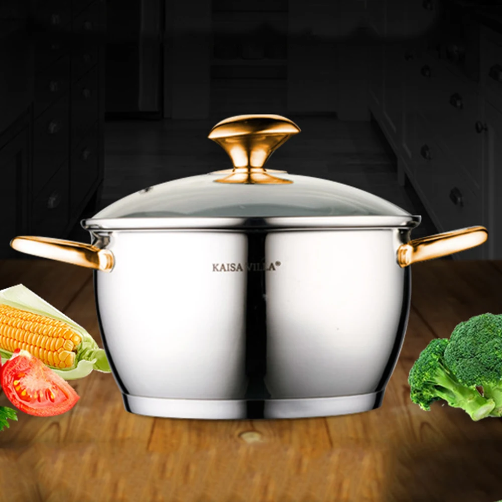 3Pcs Stainless Steel Soup Pot Set with Gold Handles Kitchen Cookware Set Induction Compatible Cooking Pot with Glass Lid