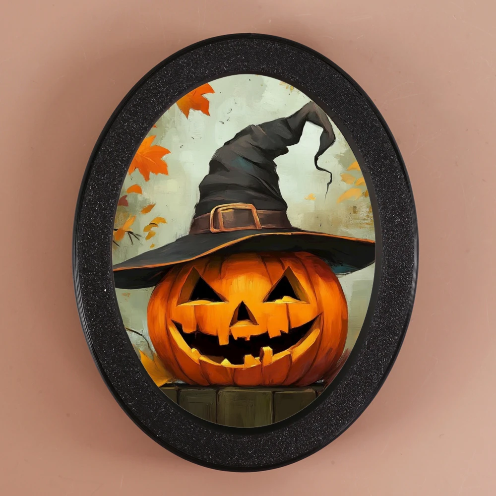 

Цельное настраиваемое овальное украшение в забавном стиле на Хэллоуин, разработанное с шляпой ведьмы и иллюстрацией фонаря Джека-о'-фонарика, подходит