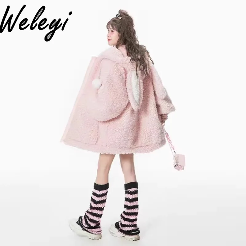 Y2K Pink Thickened Rabbit Ears Hooded Coats Woman Student Winter Loose Subculture Soft Girl Cute Lamb Plush Jacket Sweet Parkas