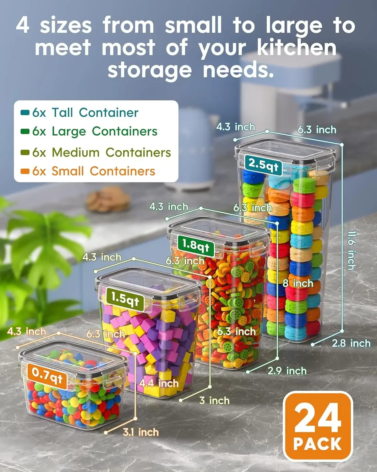 24 PCS Airtight Food W/ Lids,Kitchen Pantry Organization & Storage,BPA-Free Plastic Scale Food Canisters Include Labels & Marker