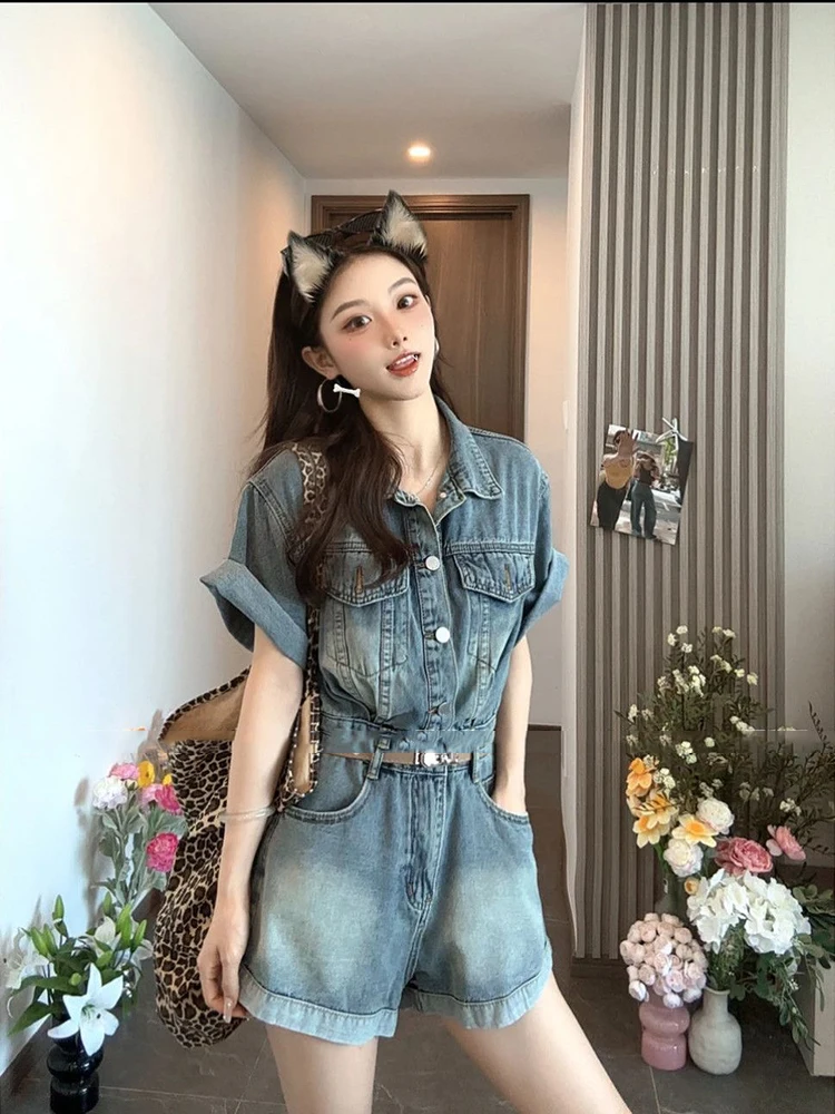 Tuta da donna a vita alta allentata lavata estiva Moda ragazza piccante Tuta a maniche corte in denim casual da strada retrò