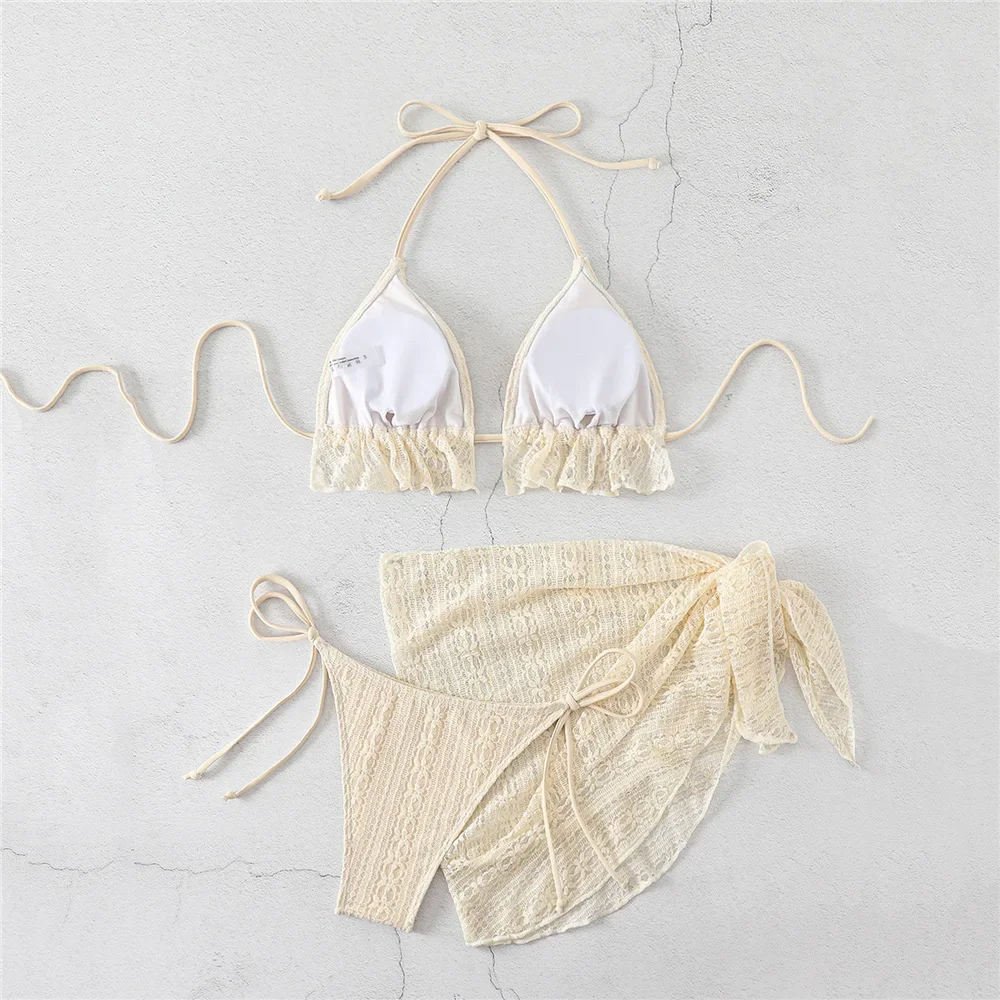 Halter String Triangle 3 Piece Bikini Set Beige Lace Mesh Sexy Swimsuit Women 2026 Cover Up Swimwear Bathing Suit Bikinis Dames