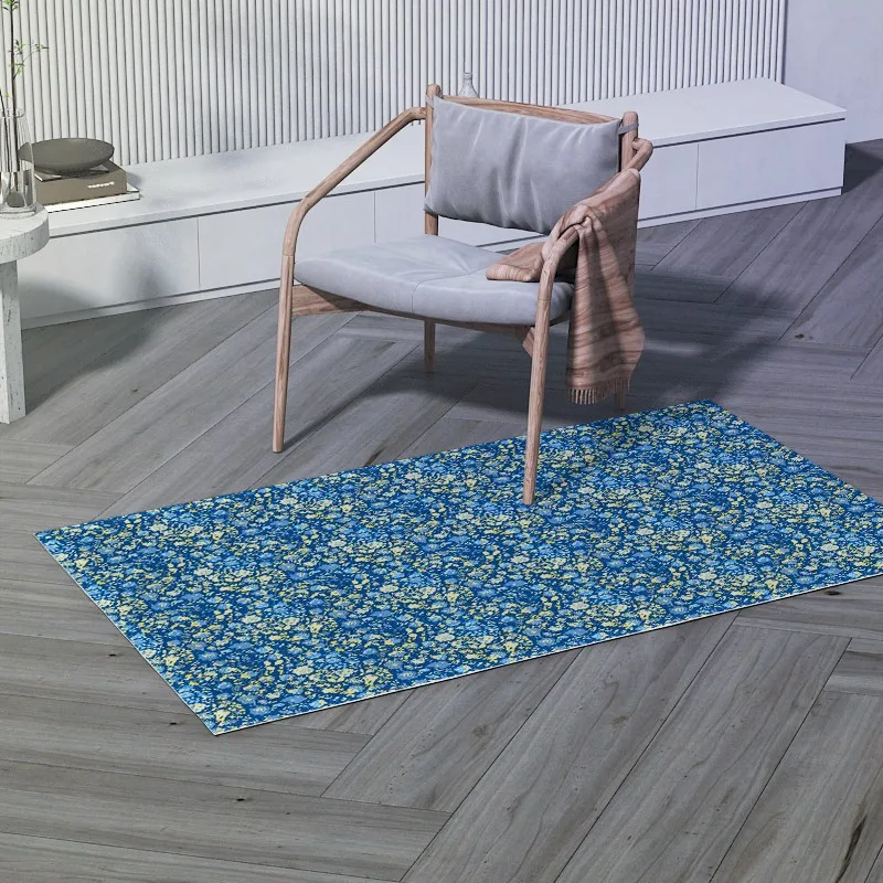 Reese Velvet Soft Fleece Japanese Living Room Bedside Carpet Rug Blue And Creamy Elegant Little Flowers Floor Decor Washable Mat