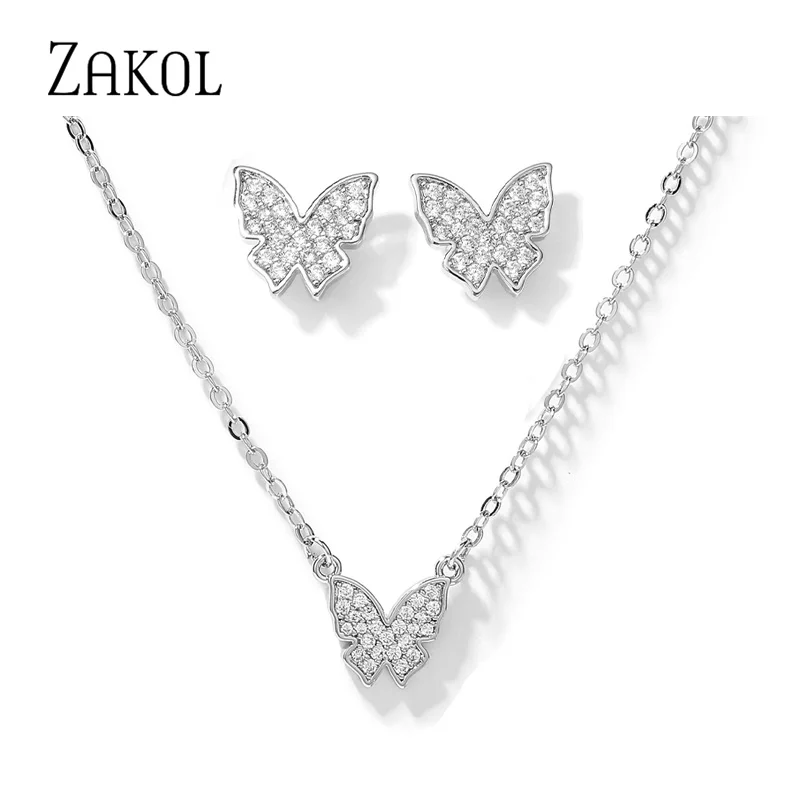 ZAKOL Delicate Sliver Color Butterfly Earrings Necklace Set for Women Shinny Micro Inlay Cubic Zirconia Animal Jewelry Sets