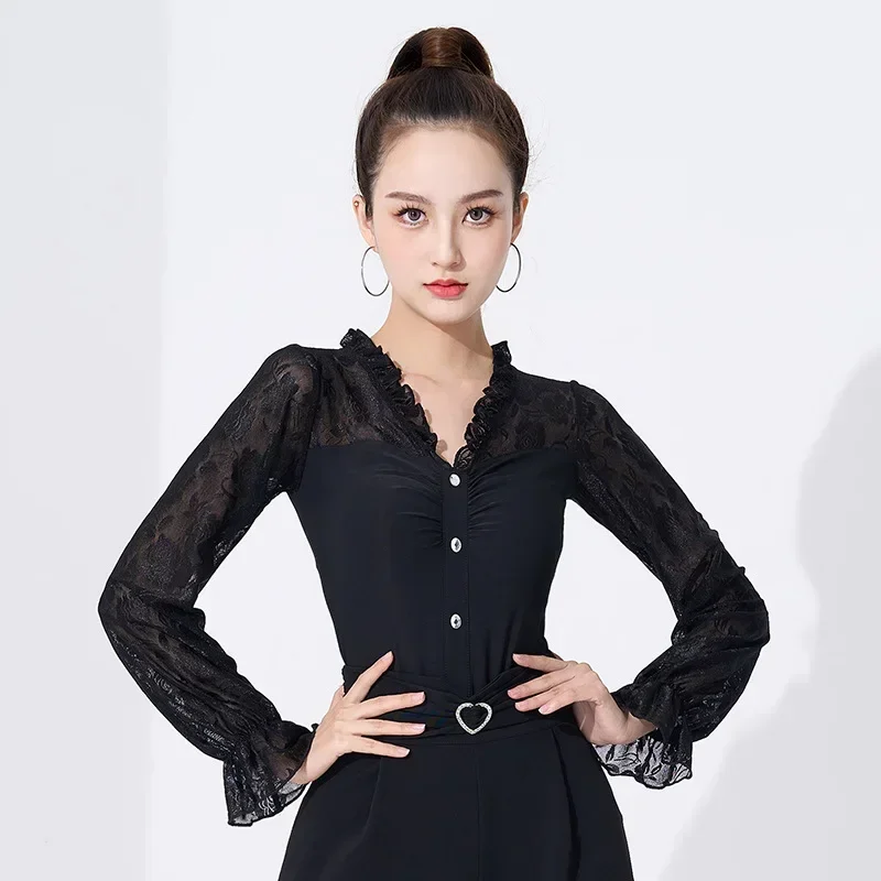 

2023 Women Latin Dance Top Modern Ballroom Black Lace Long-sleeved Jumpsuit Jacket T-Shirt Dancewear Stage Competition Clothes