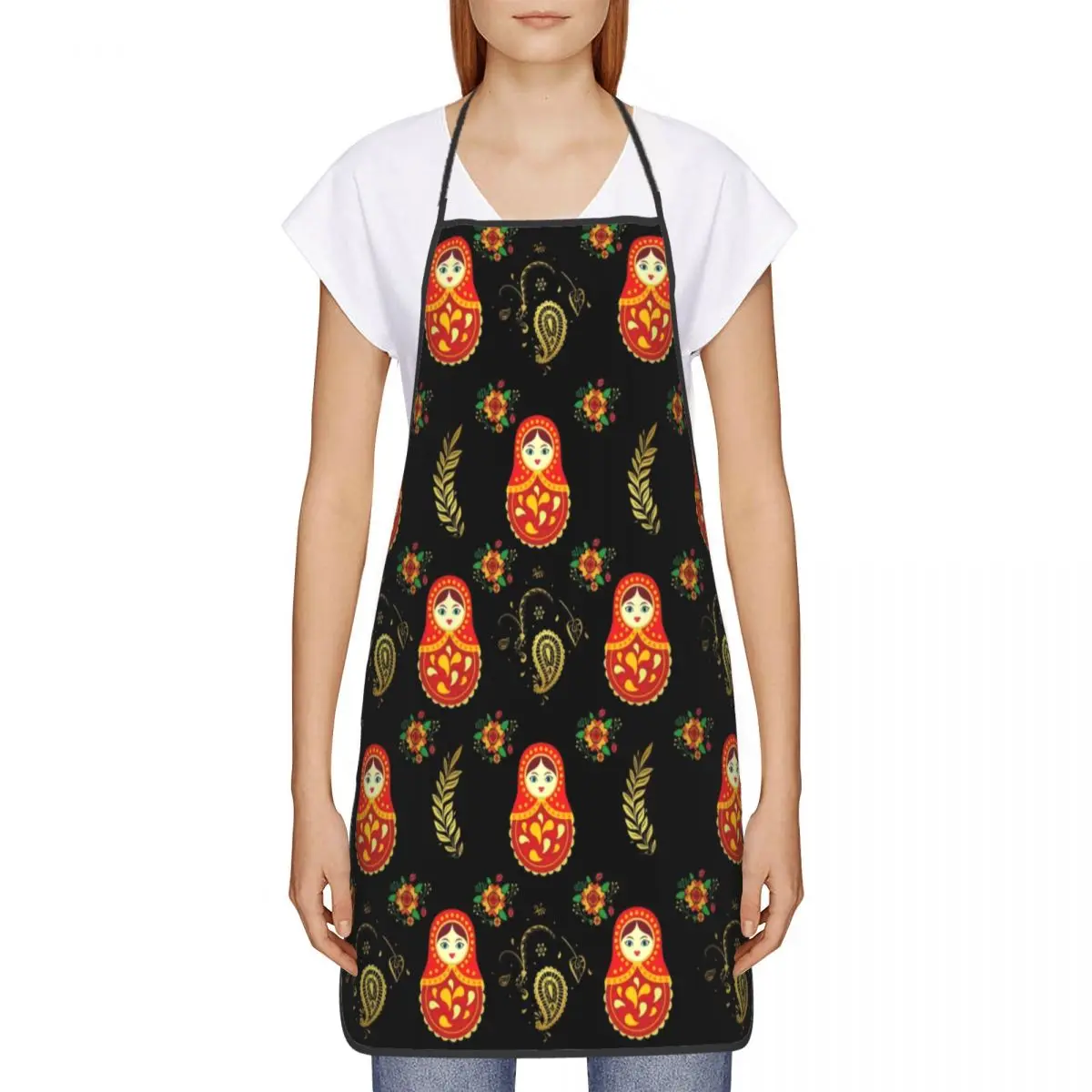 Matryoshka Russian Doll Pattern Bib Apron Adult Women Men Chef Tablier Cuisine for Kitchen Cooking Russian Folk Art Gardening