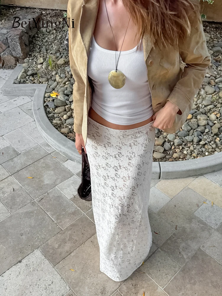 Beiyingni Gonna lunga in pizzo da donna di nuovo stile Slim Fit Casual Bianca Elegante donna francese Gonne a sirena Pianura Prospettiva Faldas