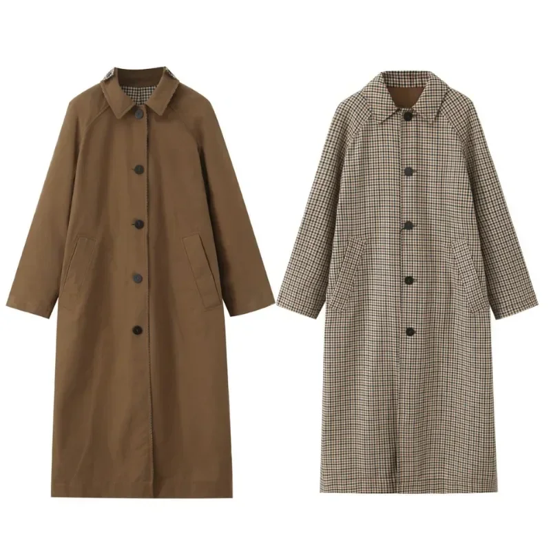 Double Sided Plaid Long Jackets For Women Single Breasted Long Sleeve Commute Street Female Trench Coat 2026 Autumn Chic Outwear