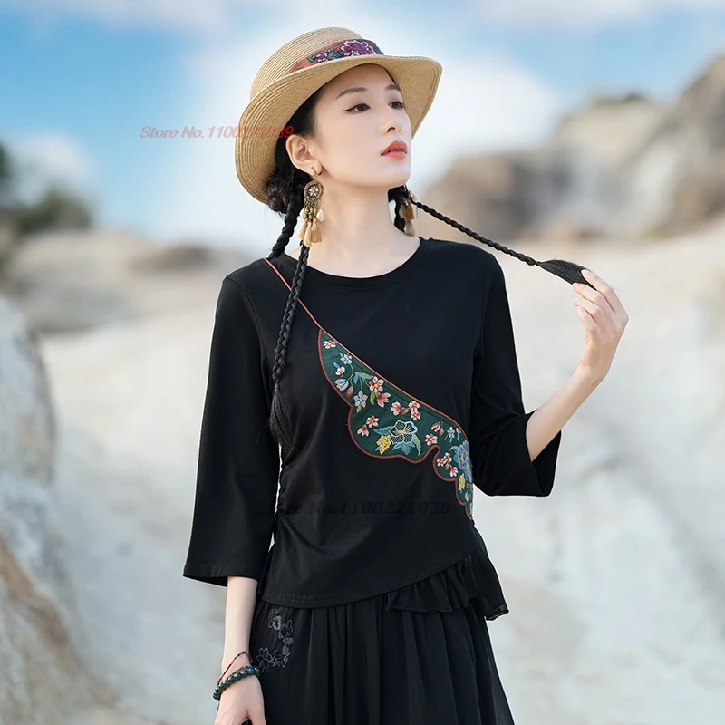 

2024 chinese traditional t-shirt national flower embroidery o-neck shirt vintage hanfu tops oriental ethnic folk base shirt