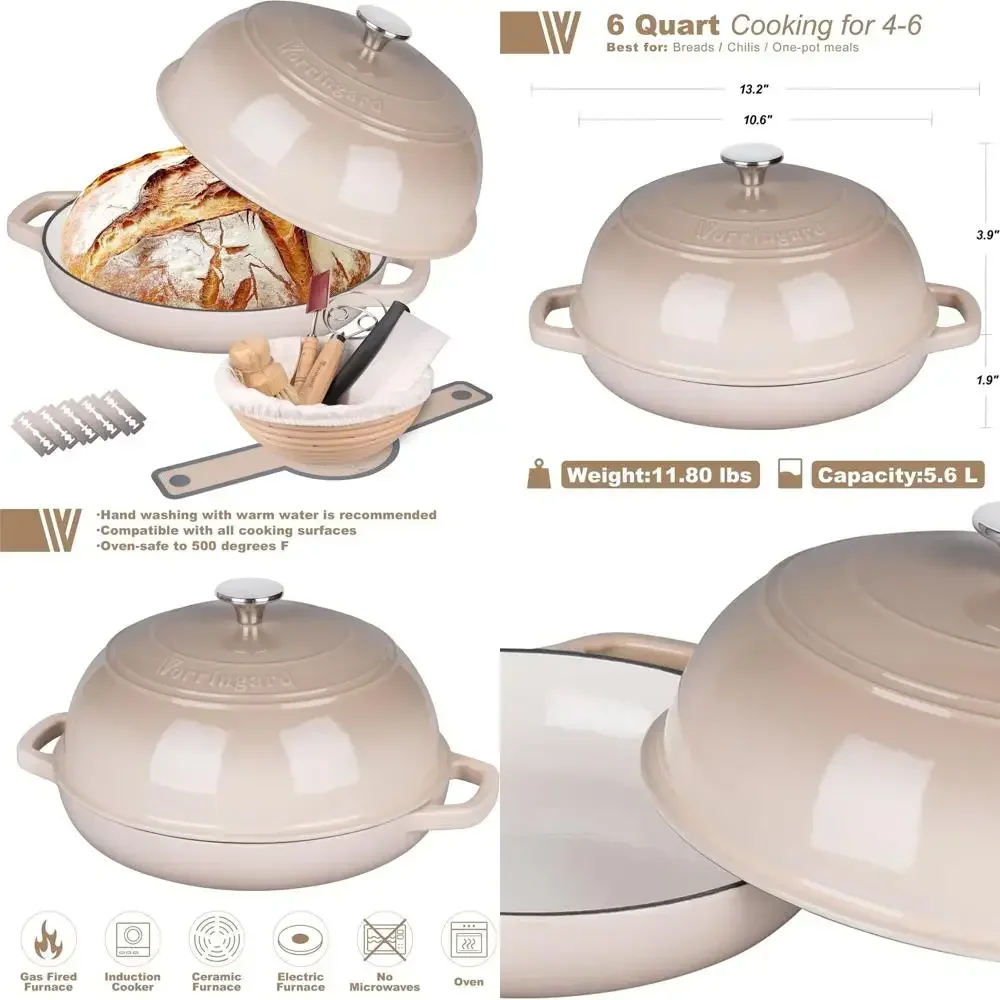 

6-Quart Latte Enamel Cast Iron Dutch Oven with Lid, Perfect for Sourdough Bread Baking and Proofing
