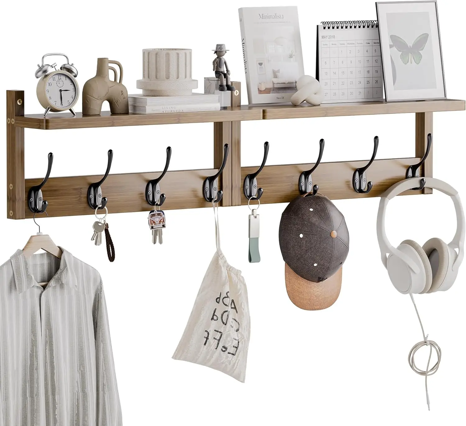 

Walnut Wall Mount Coat Rack with Shelf, Set of 2 for Entryway Storage and Décor