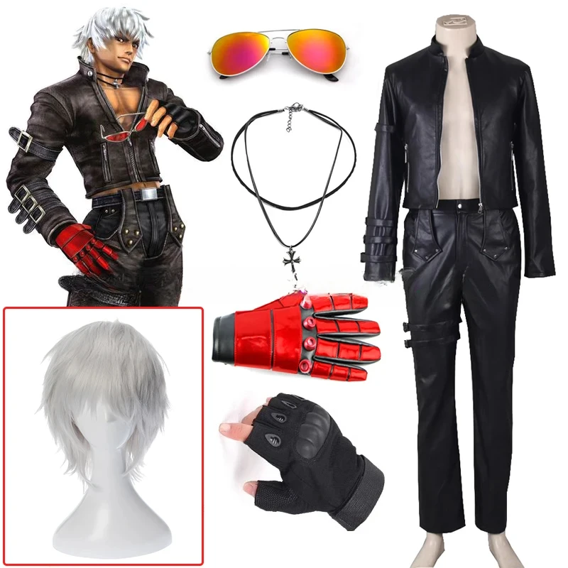 Game KOF K'DASH Cosplay Costumes Faux Leather Jackets Wig Gloves Sunglasses Necklaces Halloween Carnival Outfit For Man