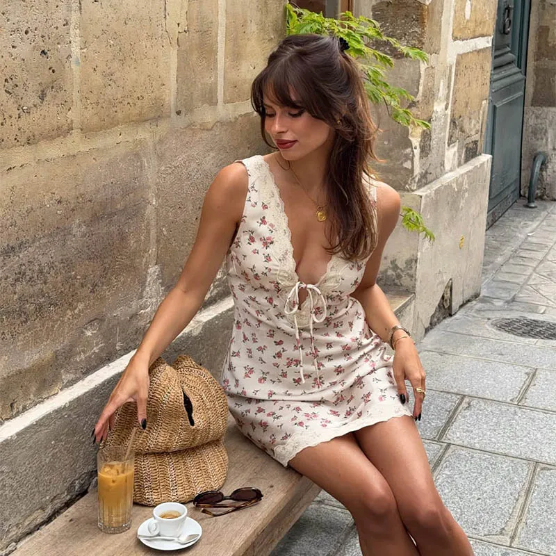Ahagaga-Vestidos sexys con estampado Floral y cuello en V profundo para mujer, con encaje y patchwork, sin mangas, ajustados, para vacaciones en la playa, Vestidos informales