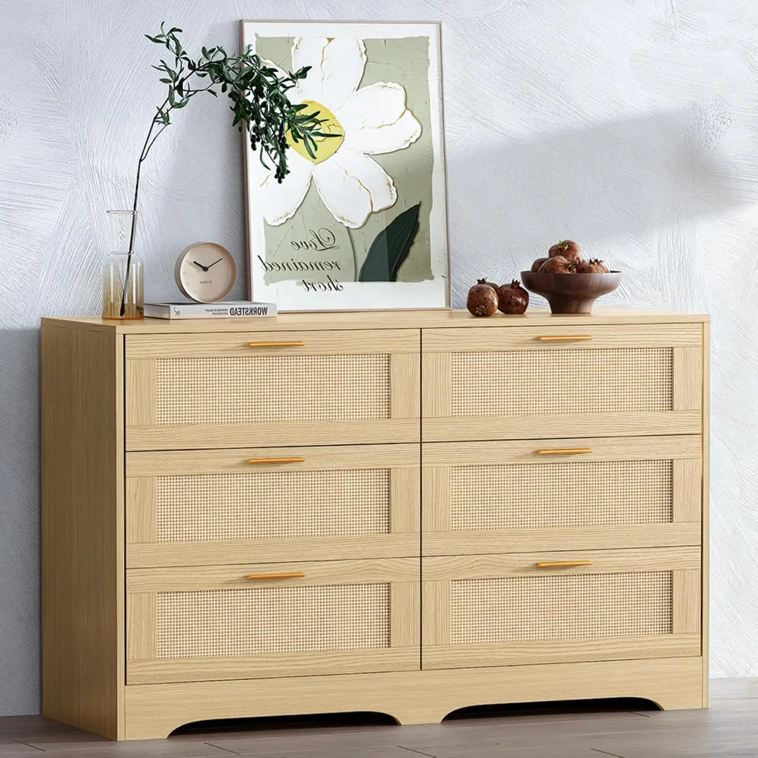 6 Drawer Rattan Dresser for Bedroom, Modern Double Dresser with Gold Handles, Wood Storage Chest of Drawers for Closet