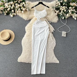 2025 summer Women Sexy White Spaghetti Strap Sleeveless Cut Out Lace-up Drawstring Ruched High Split Long Beach Holiday Dress