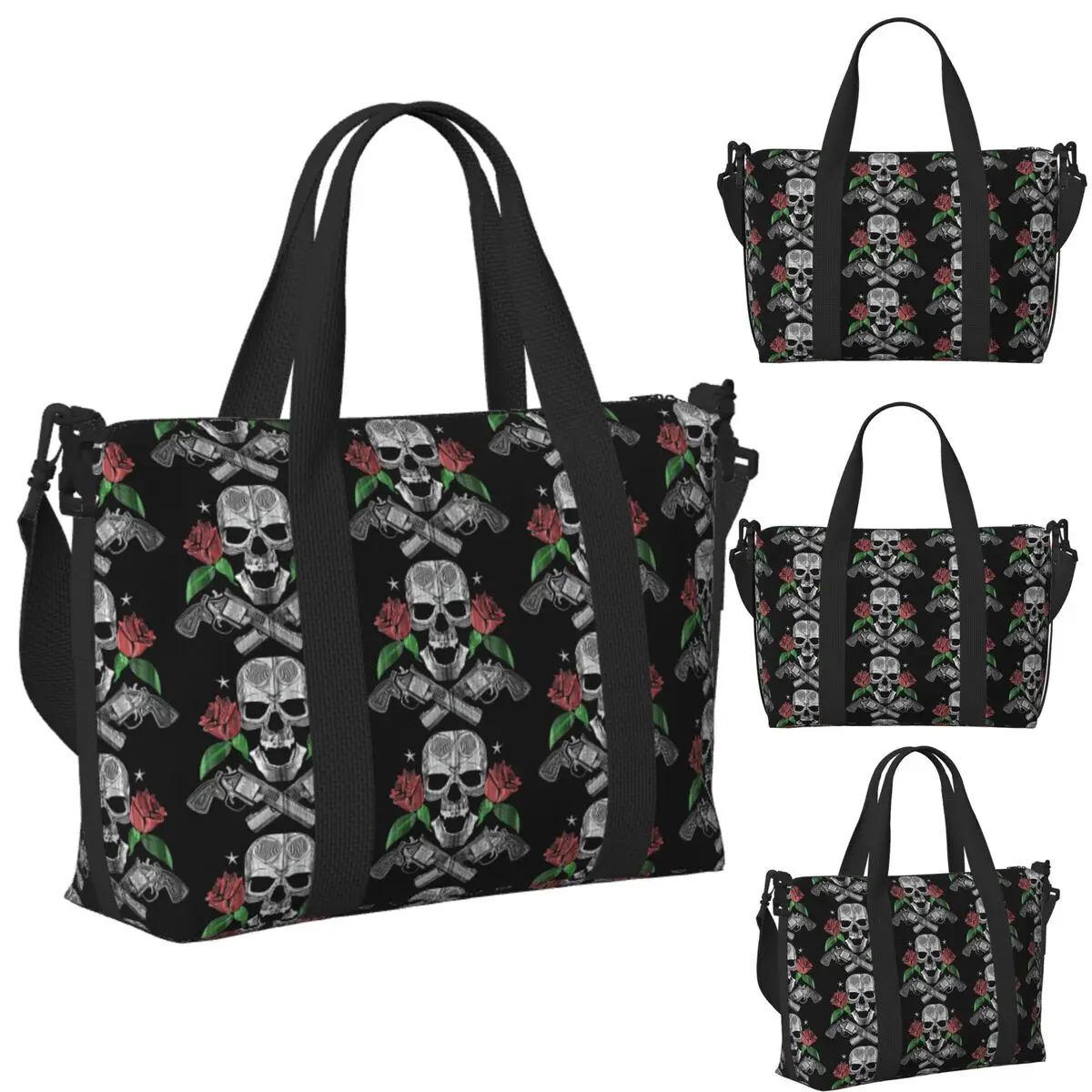

Red Roses With Guns And Skull Design Zip Hoodie Beach Travel Bag Large Capacity Tote Bags Women Shopping Duffle Shoulder Bag
