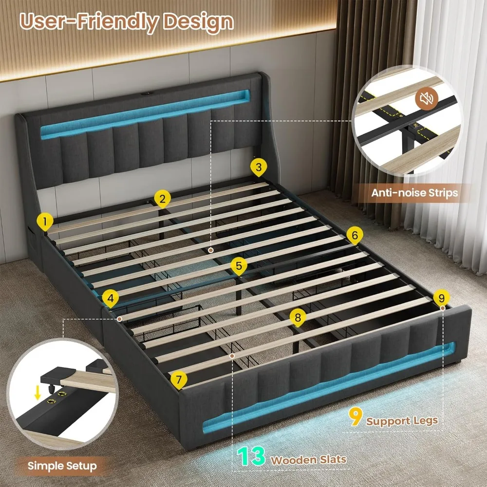 Queen Size Bed Frame with 4 Storage Drawers, RGB LED Light, Charging Station, Slat Support, No Box Spring Needed, Easy Assembly image 6