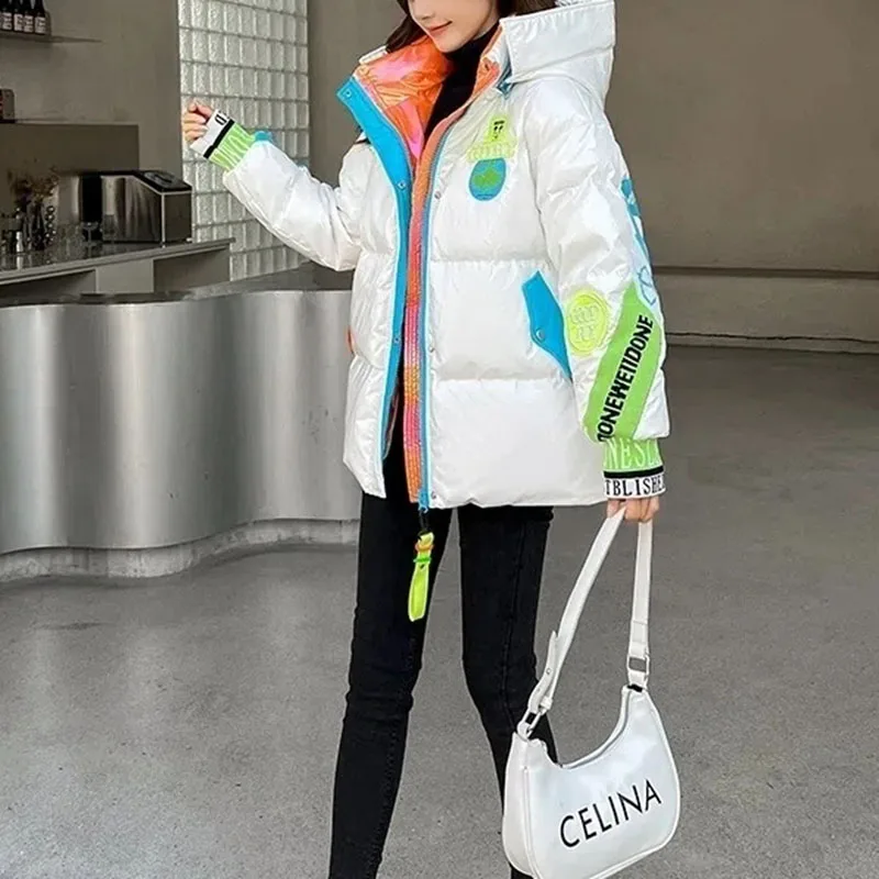 2024 Winter Women\'s Down Jacket New Korean Hooded Shiny White Duck Down Jacket Long Sleeve Casual Warm Puffer Coats