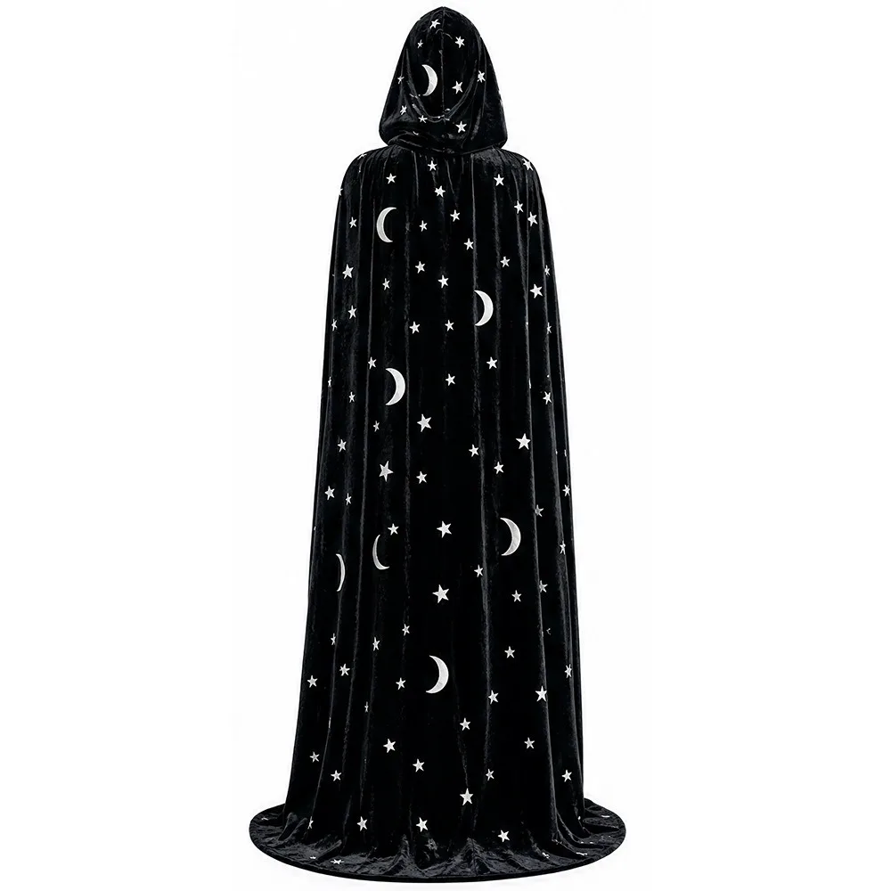 Tie Up Closure Velvet Hooded Cloak Soft Fabric Flowy Drape Star Moon Cape Wrinkle Resistant with Hood Costume Robe Ball