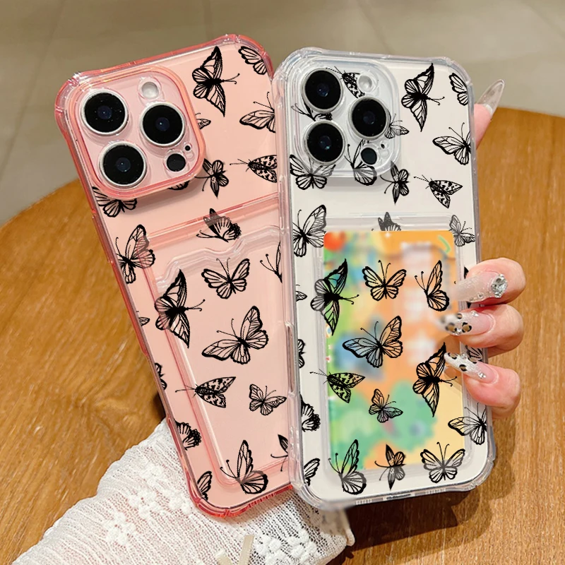 Case For iPhone 16 Pro Max Luxury Card Slot Black Butterfly Clear Soft Silicone Cover Coque For iPhone 11 12 13 14 15 Pro Max