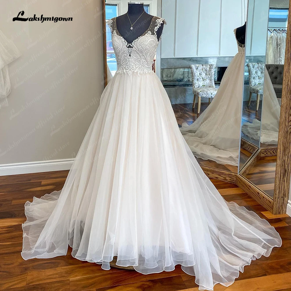 Lakshmigown V-Neck Bead Cap Sleeve A line Wedding Dresses Appliques Organza Skirt Sexy Back Wedding Gowns for Bride Customized