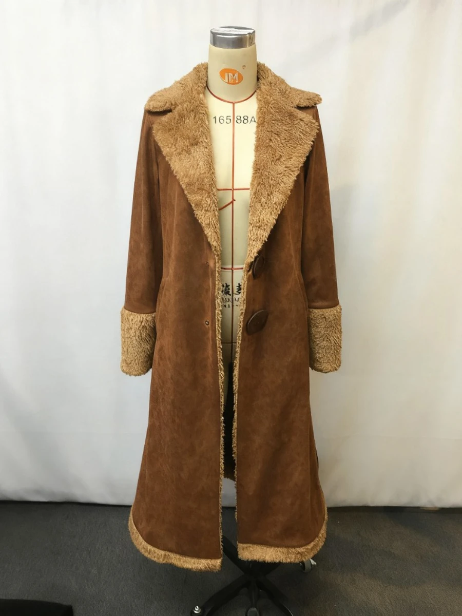 Kurtka damska VGH w stylu retro kowbojskim z futerkiem, z klapami, długim rękawem, zapinana na guziki, dopasowana, modna kurtka jesienna.